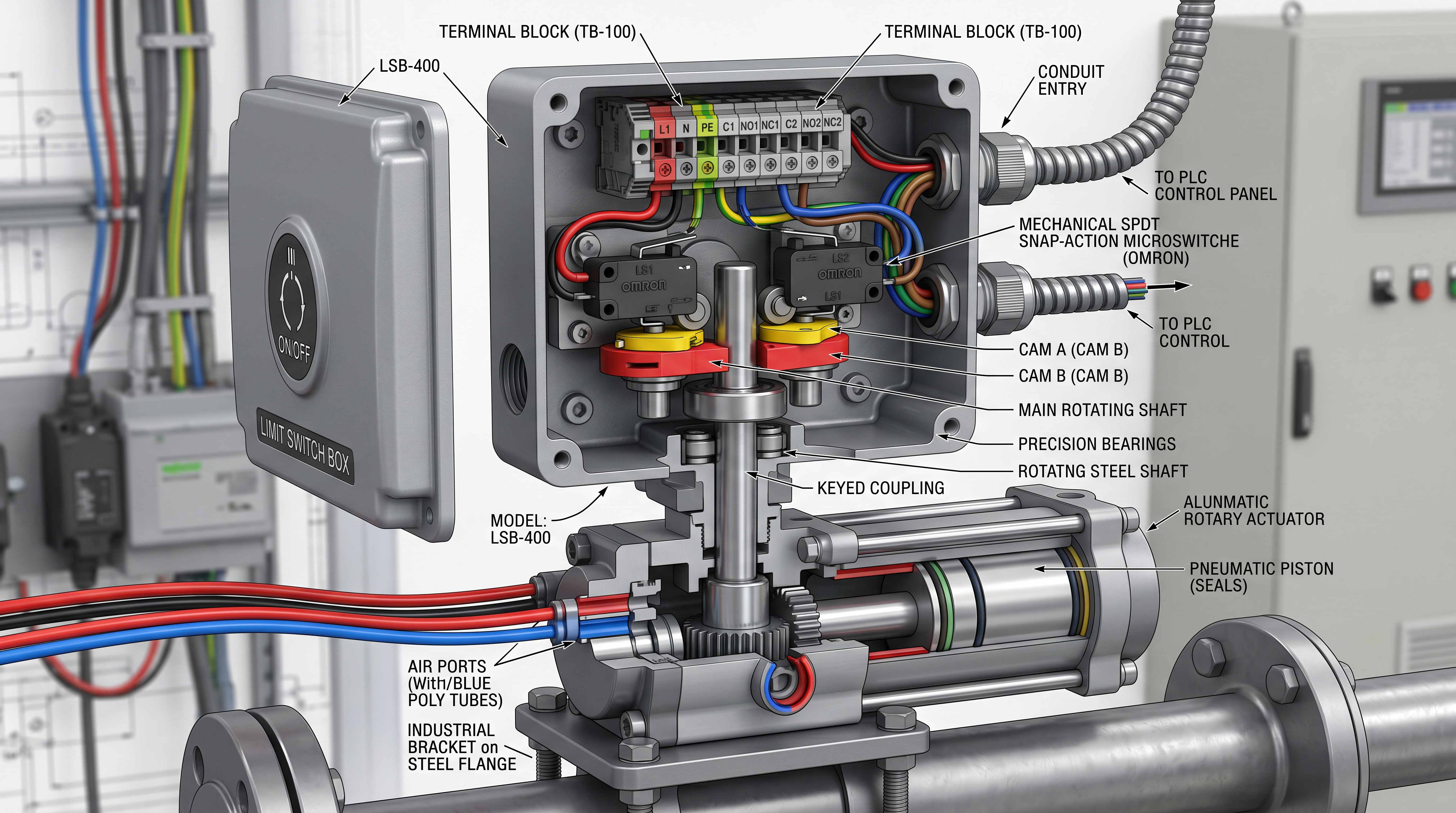 Internal view of a limit switch box showing terminal block, cam switches, rotating shaft and PLC feedback wiring